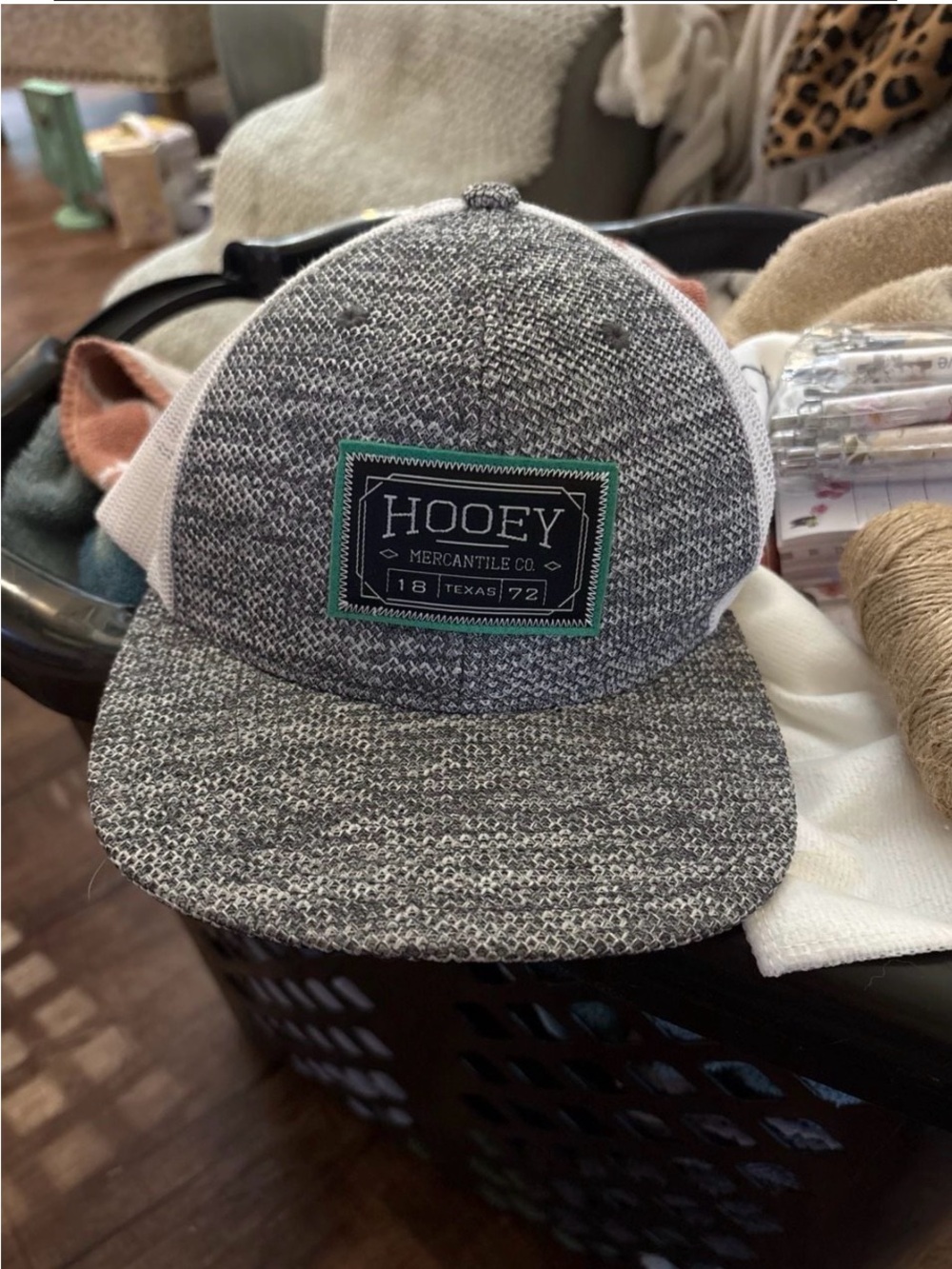 Hooey Grey Knit Front Trucker Hat with Green Patch